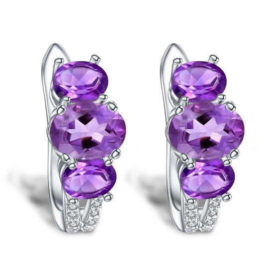 925 Sterling Silver Earrings | 3 Oval Natural Amethyst Stud Earrings for Women
