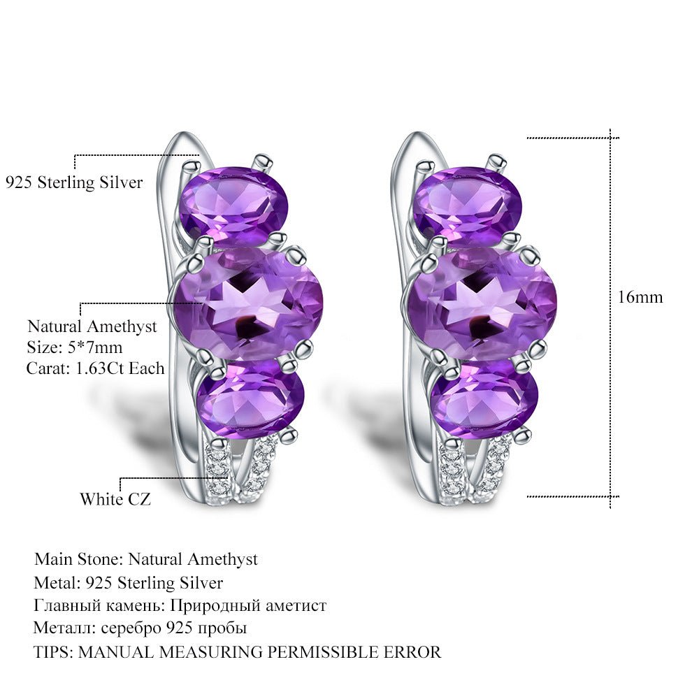 925 Sterling Silver Earrings | 3 Oval Natural Amethyst Stud Earrings for Women
