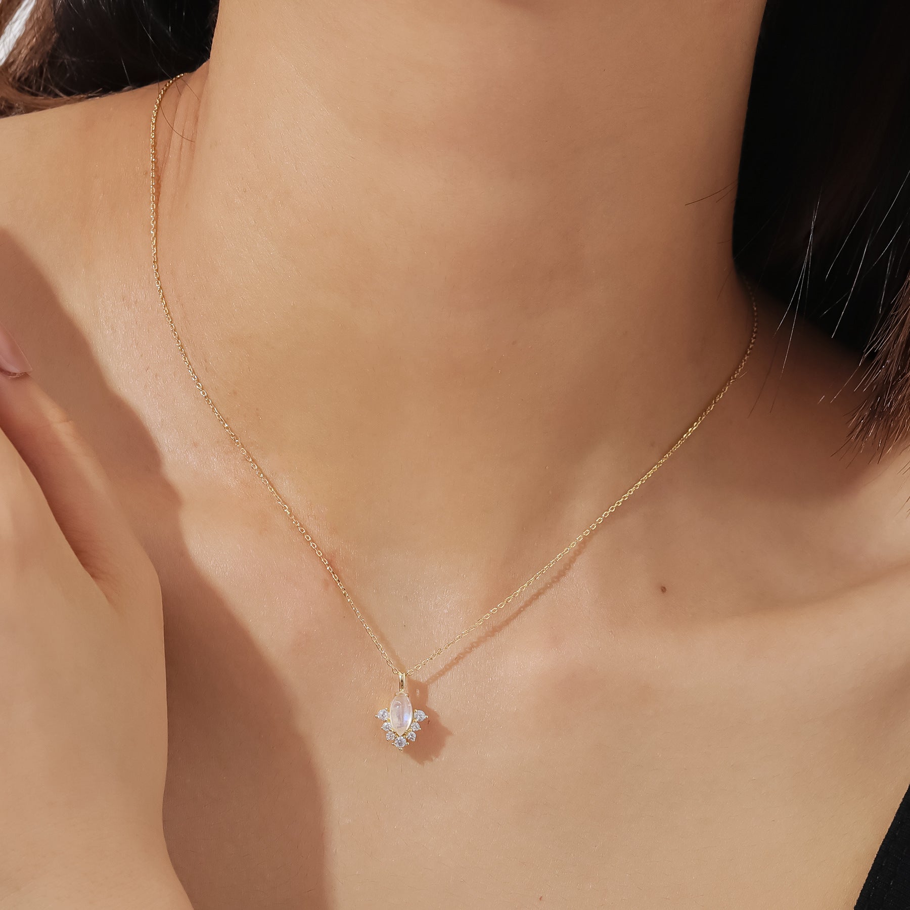 925 Sterling Silver Marquise - Cut Natural Moonstone Necklace