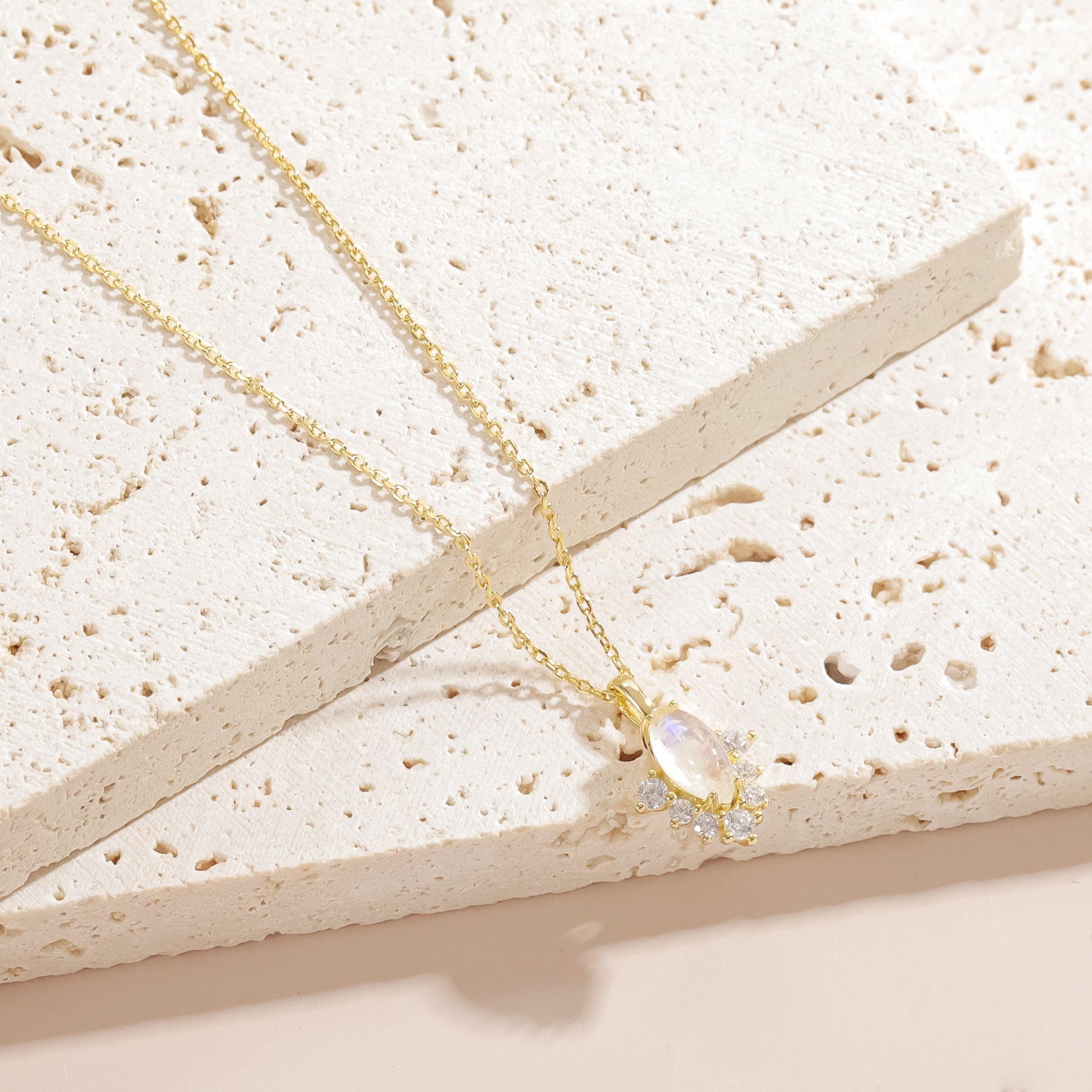 925 Sterling Silver Marquise - Cut Natural Moonstone Necklace