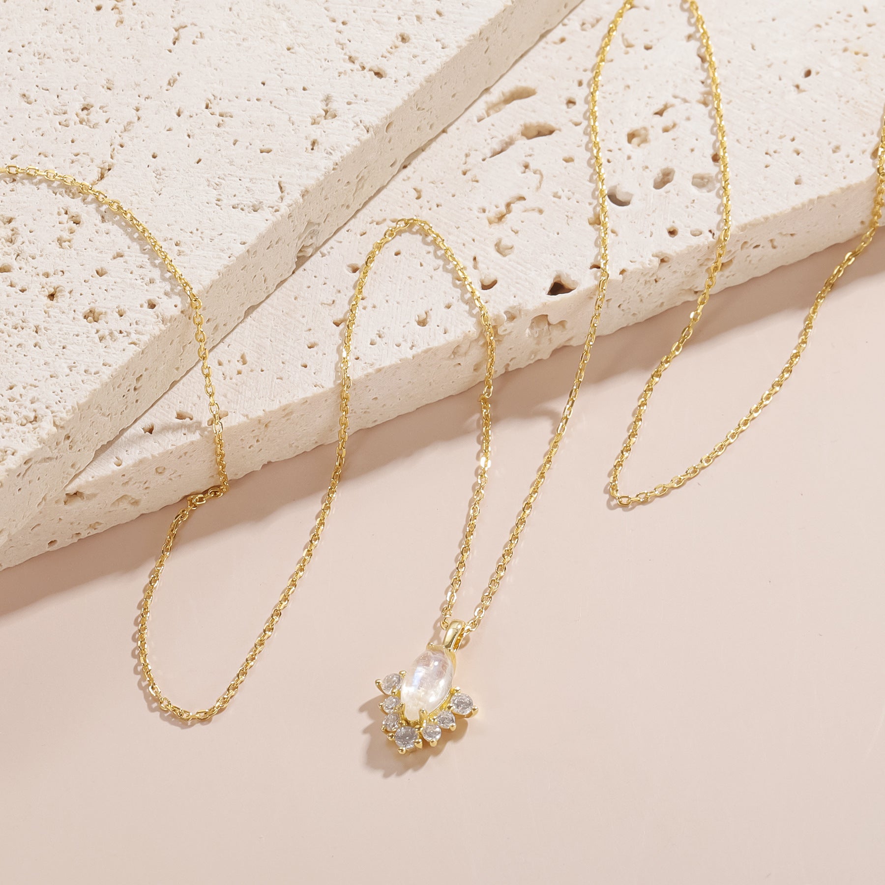 925 Sterling Silver Marquise - Cut Natural Moonstone Necklace