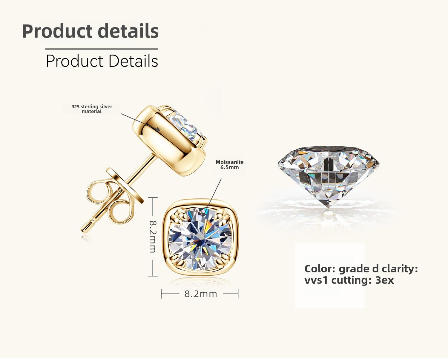 925 Sterling Silver Moissanite 2 Carat Square Stud Earrings Female