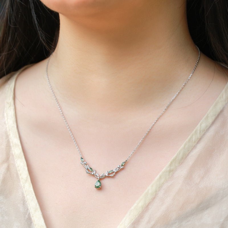 925 Sterling Silver Pear Moss Agate & Olive Branch Necklace Cross Chain