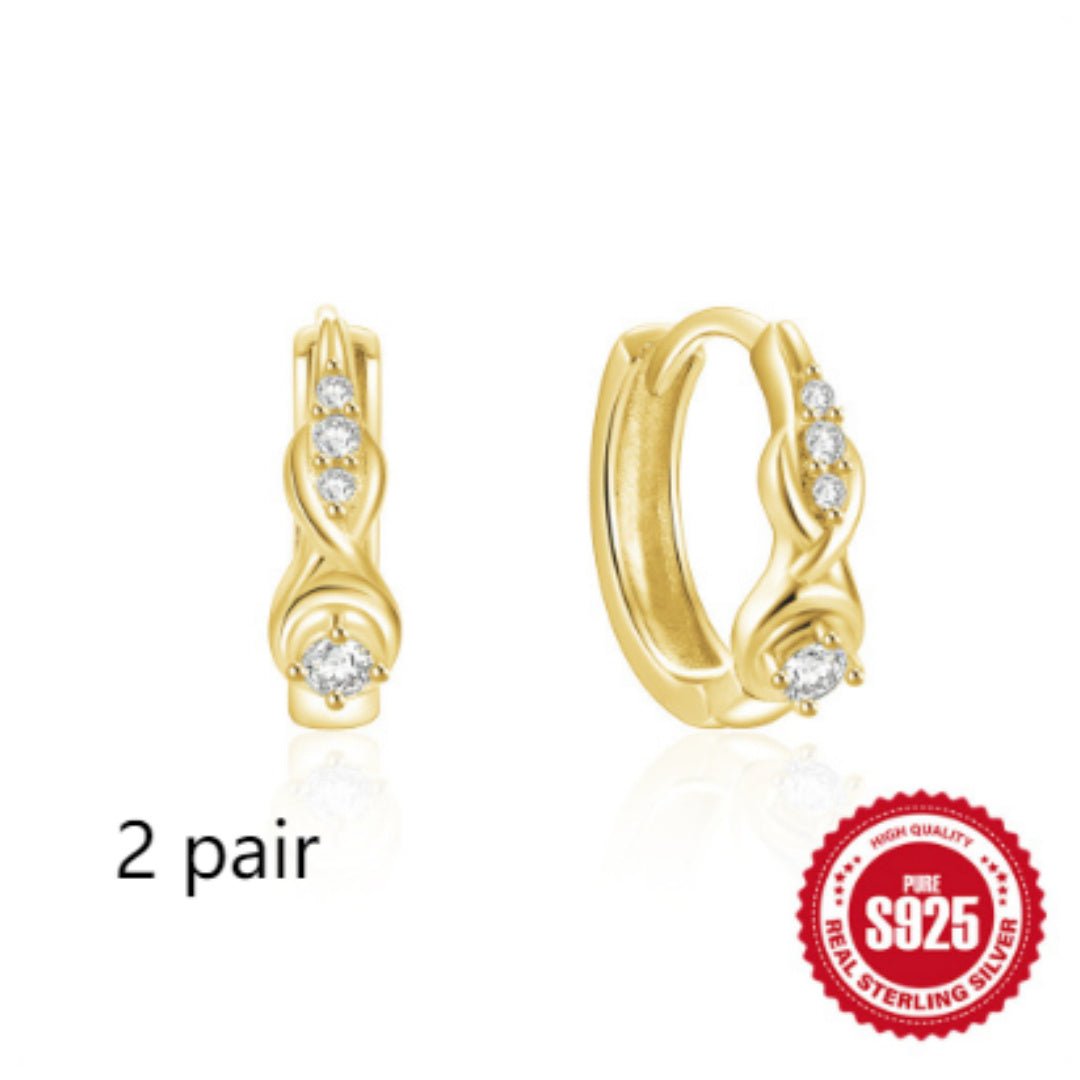 925 Sterling Silver Twisted Element Hoop Huggies Rhinestone Earrings