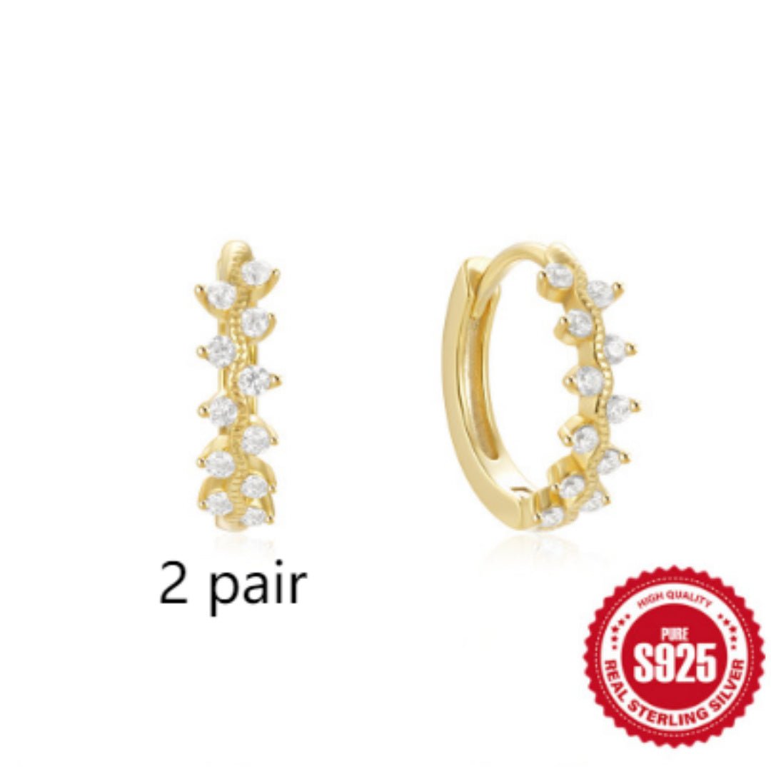 925 Sterling Silver Twisted Element Hoop Huggies Rhinestone Earrings