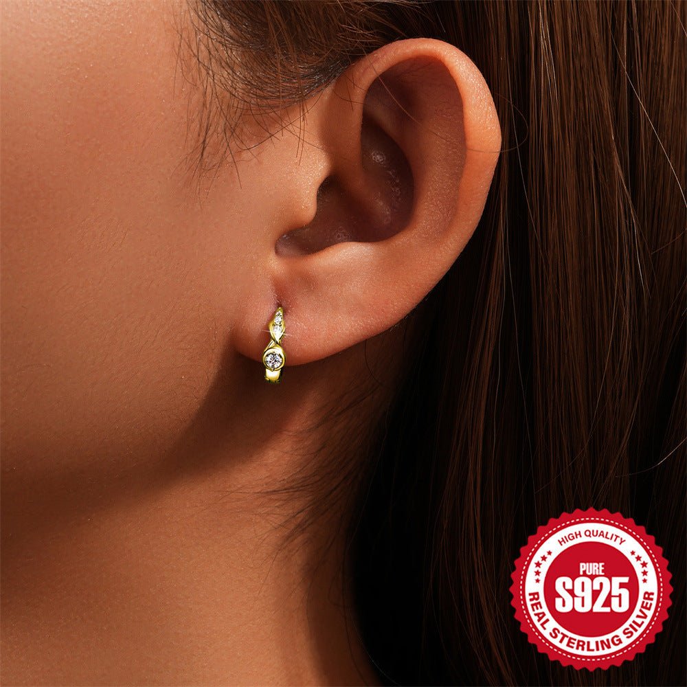 925 Sterling Silver Twisted Element Hoop Huggies Rhinestone Earrings