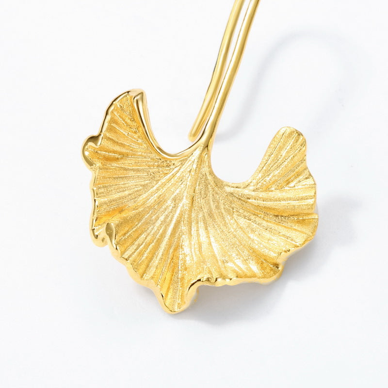 Boho Chic Ginkgo Earrings, Textured Dangle Earrings in Gold Plated Silver