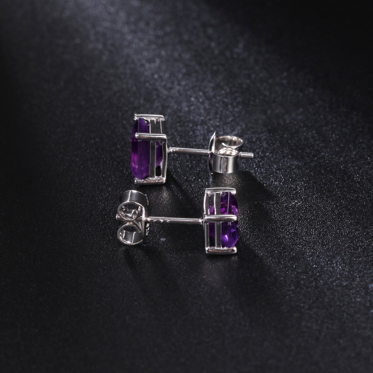 Natural Amethyst Emerald Cut Stud Earrings 925 Silver Set with Natural Gemstones