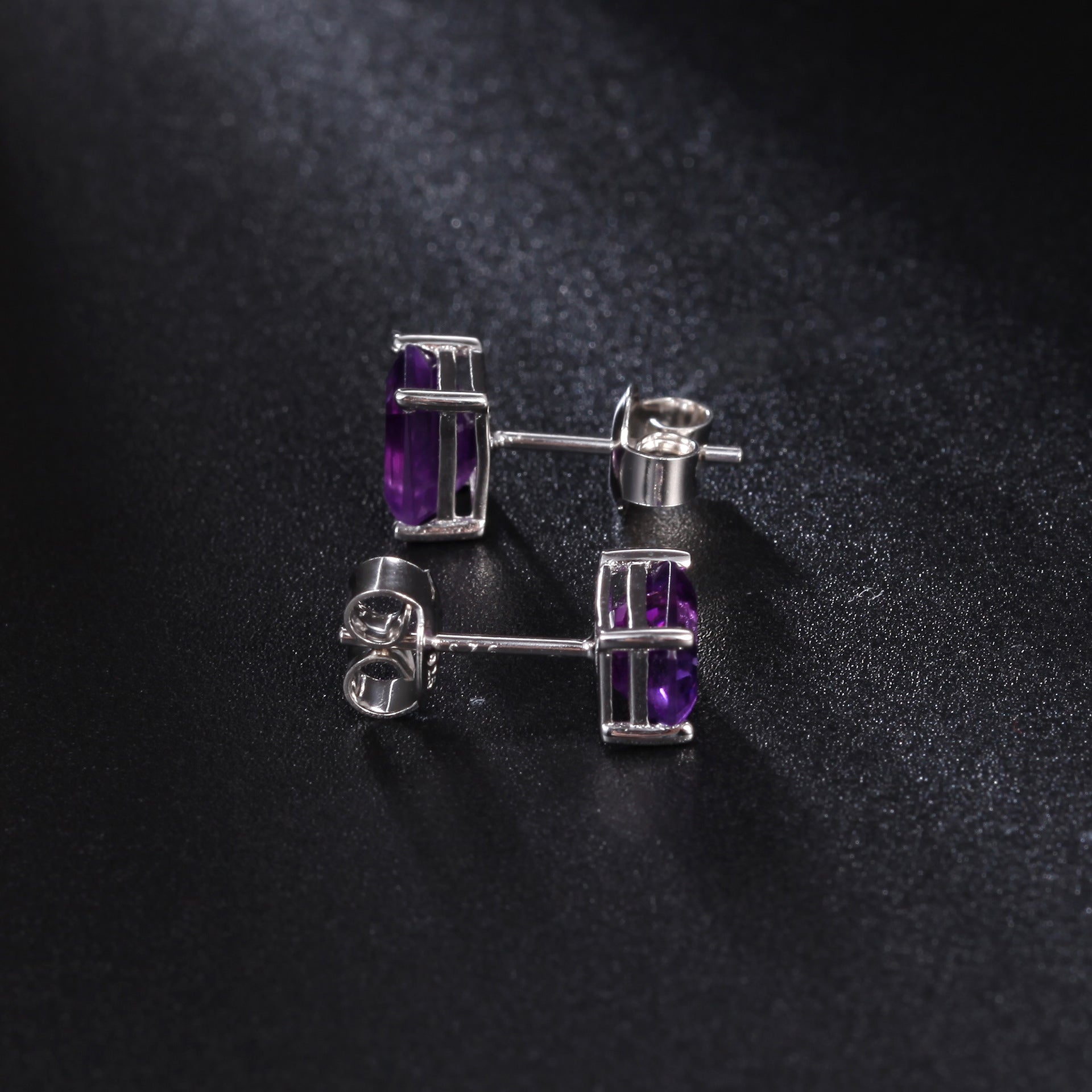 Natural Amethyst Emerald Cut Stud Earrings 925 Silver Set with Natural Gemstones