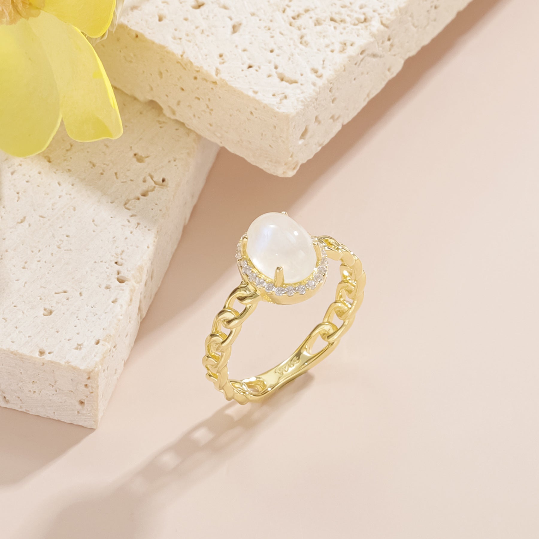 Oval Natural Cream Blue Moonstone Rings Halo Hollow Gold 925 Sterling Silver Engagement Gift