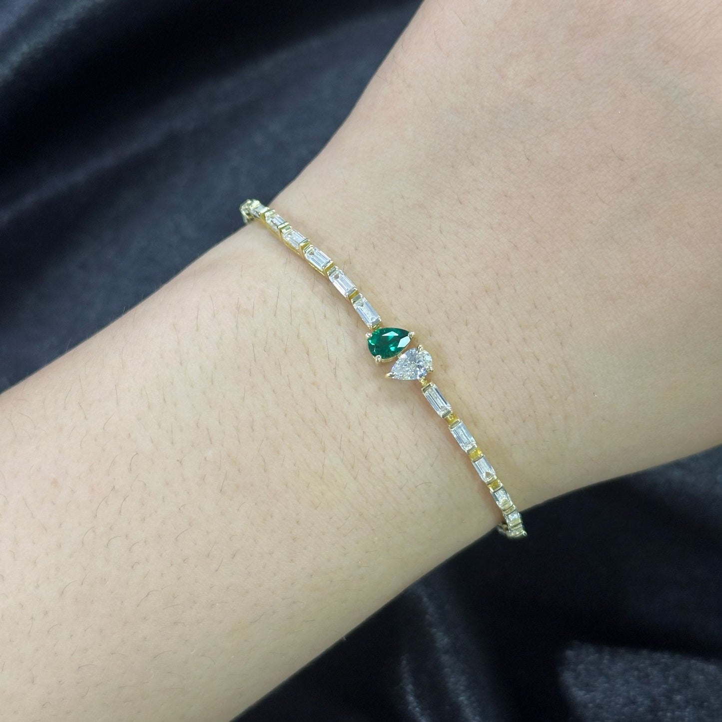 Pear Cultivated Emerald Moissanite Tennis Chain 925 Sterling Silver Bracelet Baguette Cut