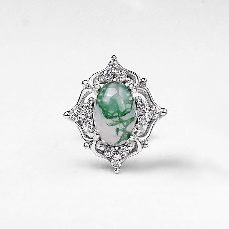 Hollow Pattern Halo Oval Green Moss Agate Stud Earrings 925 Silver Gift for Her