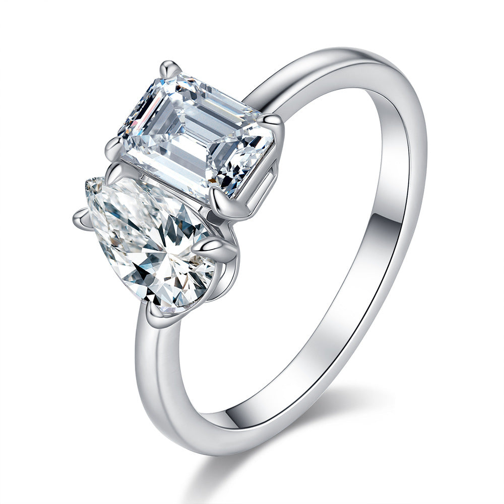 Toi et Moi Emerald & Pear Moissanite Engagement Ring / 925 Sterling Silver Double Stone Ring / Toi Et Moi Ring for Women