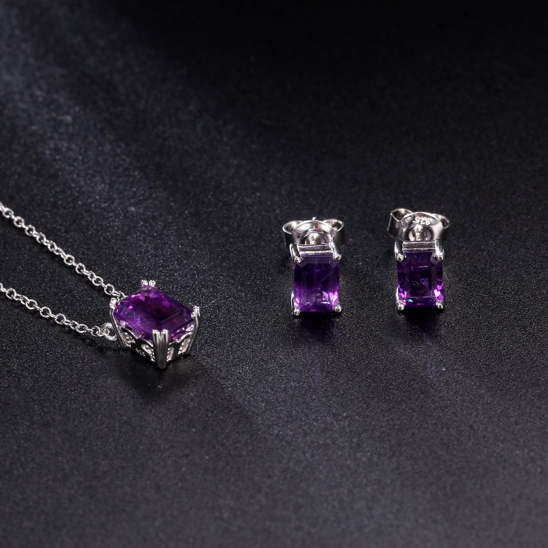 Natural Amethyst Emerald Cut Stud Earrings 925 Silver Set with Natural Gemstones