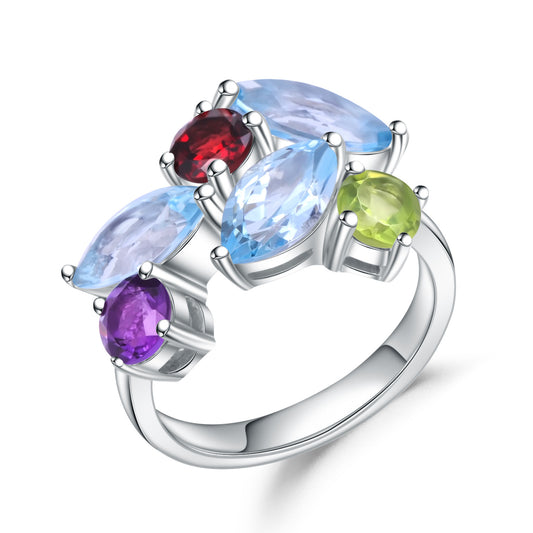 Pear Topaz Garnet Amethyst Peridot 925 Silver Ring Retro Style Gift for Her