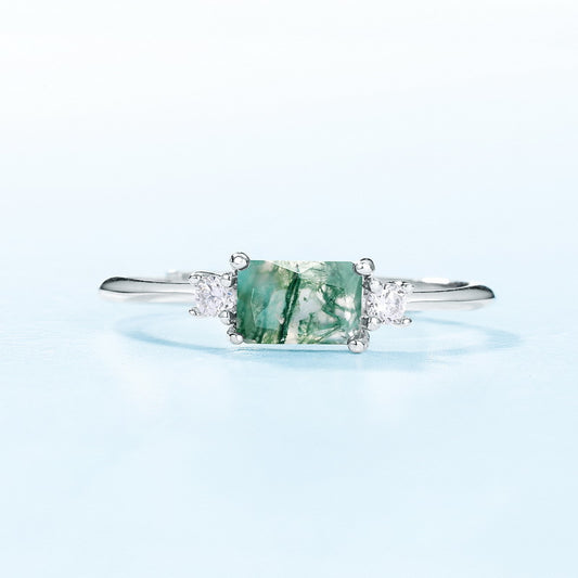 Simple Rectangle Solitaire Green Moss Agate Ring - Adjustable Minimalist Ring in 925 Sterling Silver