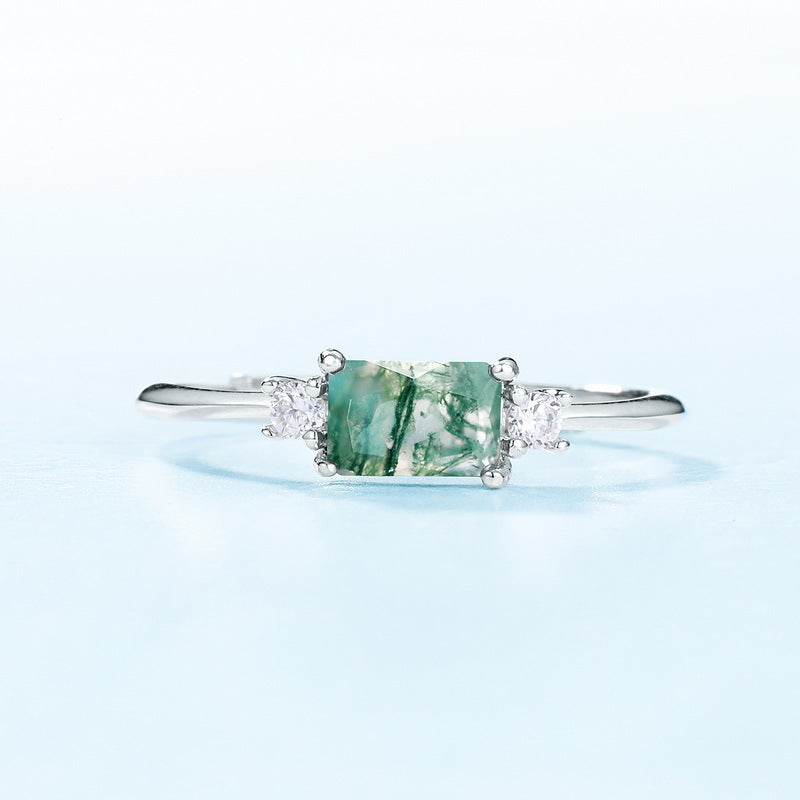 Simple Rectangle Solitaire Green Moss Agate Ring - Adjustable Minimalist Ring in 925 Sterling Silver