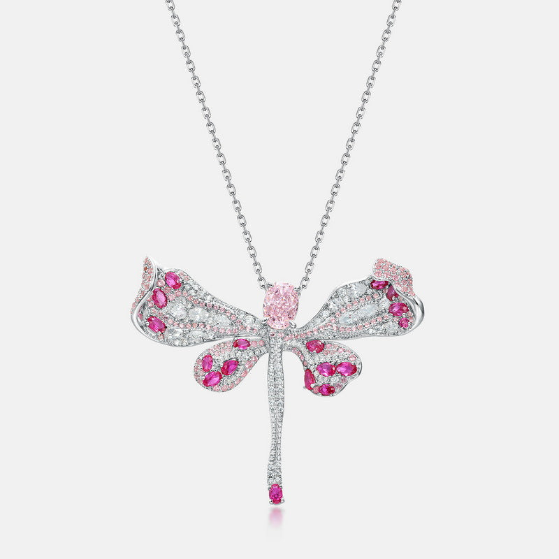 Dragonfly Light Pink High Carbon Diamond Pendant - 925 Sterling Silver Necklace for Women