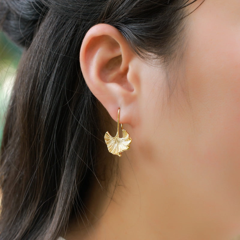 Boho Chic Ginkgo Earrings, Textured Dangle Earrings in Gold Plated Silver