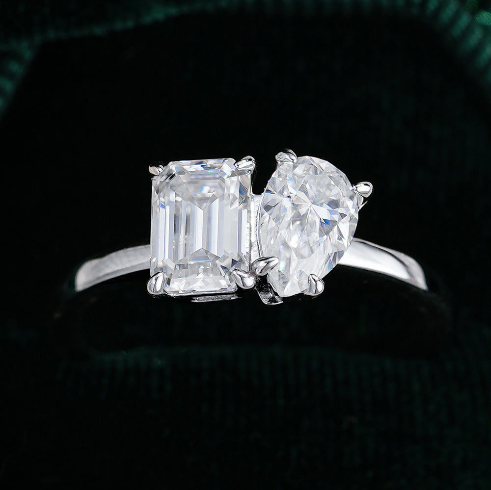 Toi et Moi Emerald & Pear Moissanite Engagement Ring / 925 Sterling Silver Double Stone Ring / Toi Et Moi Ring for Women