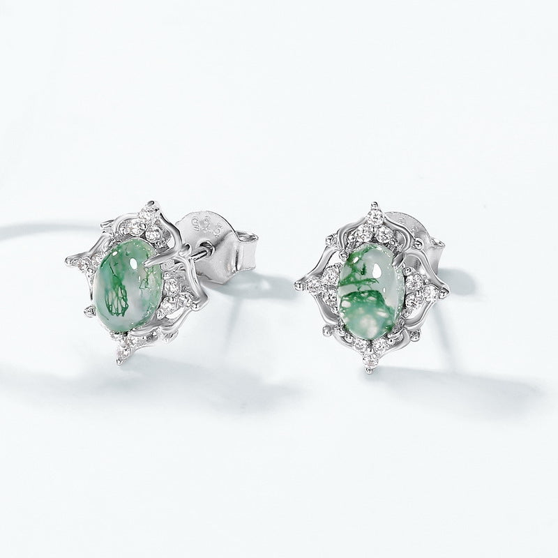 Hollow Pattern Halo Oval Green Moss Agate Stud Earrings 925 Silver Gift for Her