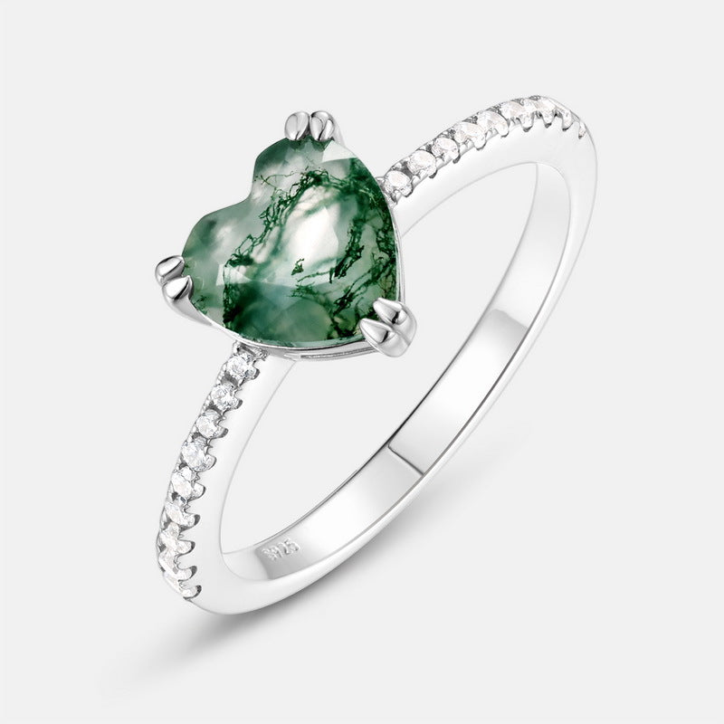 Dainty Love | Pear-shaped Solitaire Natural Moss Agate Ring 925 Silver Engagement Gift