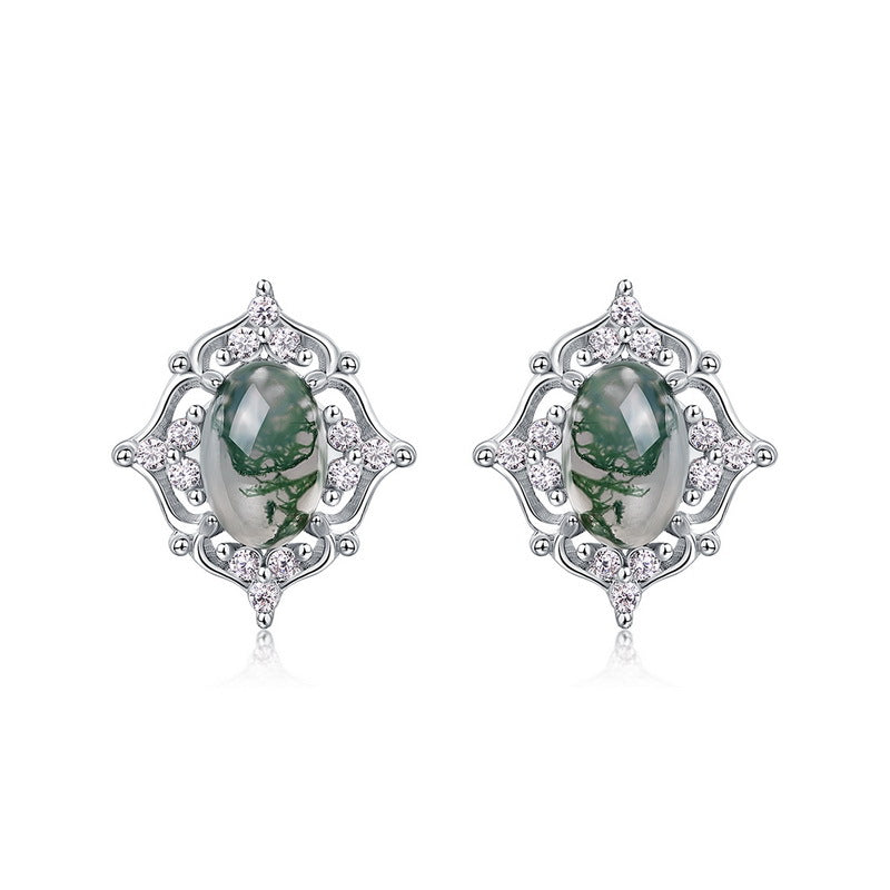 Hollow Pattern Oval Green Moss Agate Stud Earrings