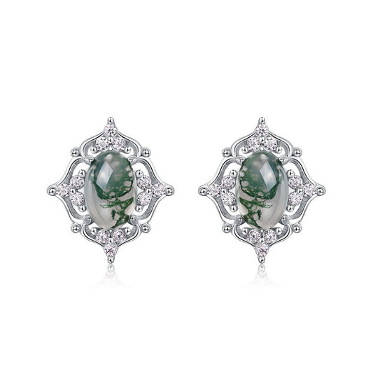 Hollow Pattern Oval Green Moss Agate Stud Earrings