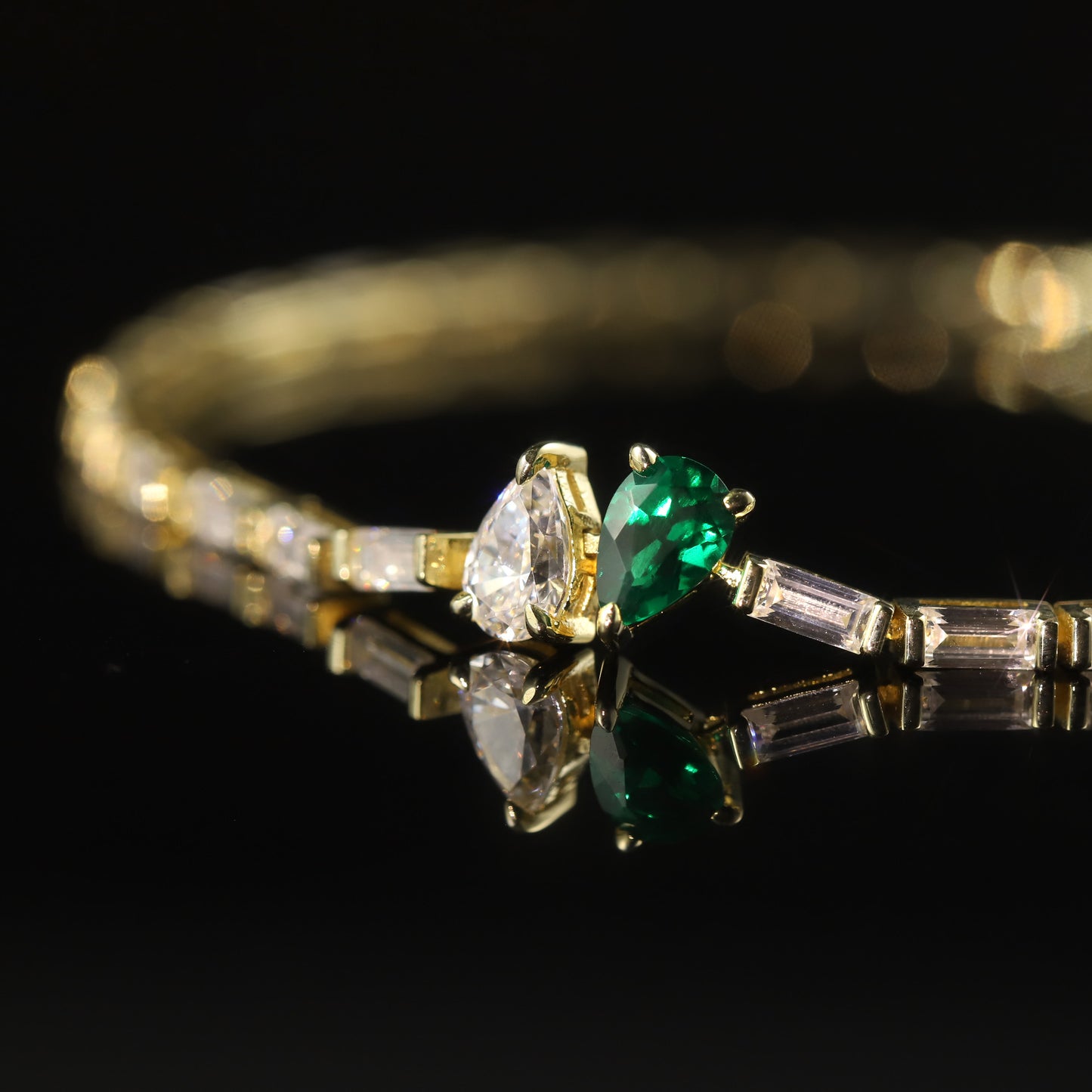 Pear Cultivated Emerald Moissanite Tennis Chain 925 Sterling Silver Bracelet Baguette Cut