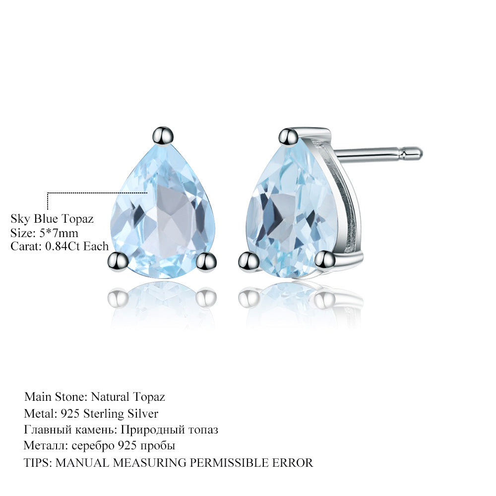 Genuine Swiss Blue Topaz Crystal Droplet Stud Earrings in Sterling Silver, Natural Blue Topaz Pear Shape Stud Earrings, March Birthstone