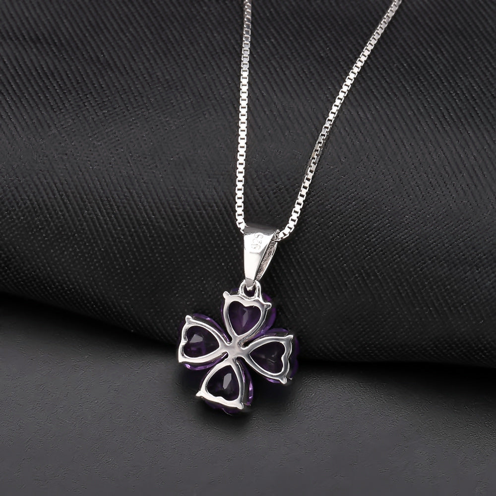 Natural Amethyst Topaz Heart Clover Necklace Pendant 925 Silver Gift for Her