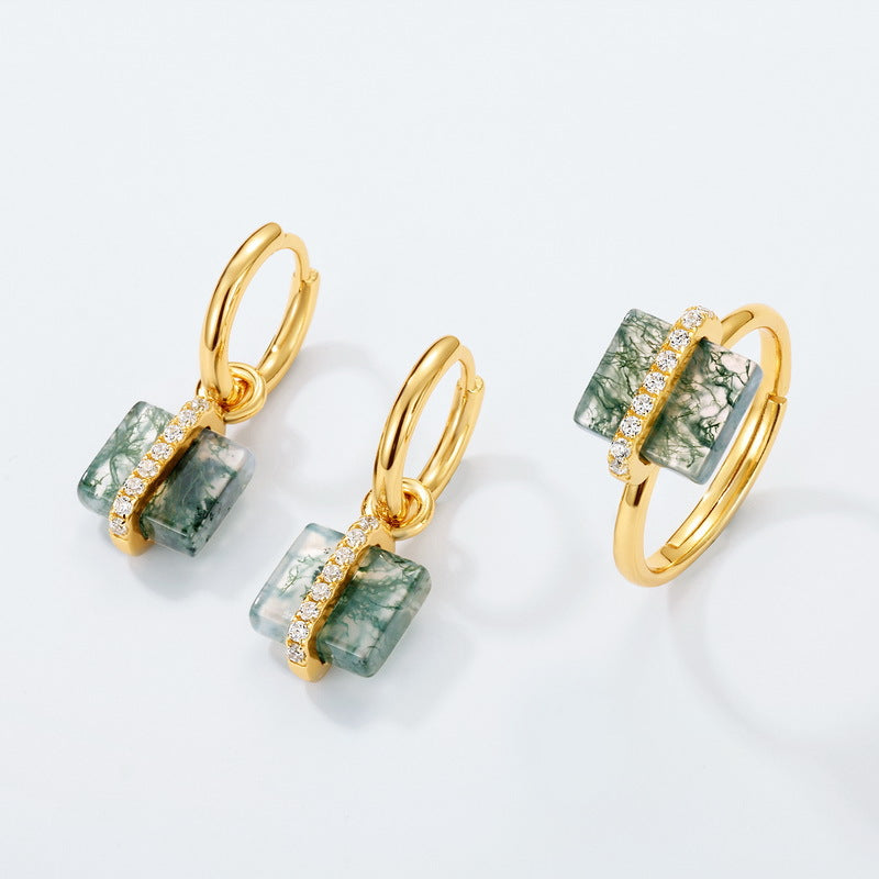 10K Gold Plated 925 Sterling Silver Square Moss Agate Earrings Studs for Women