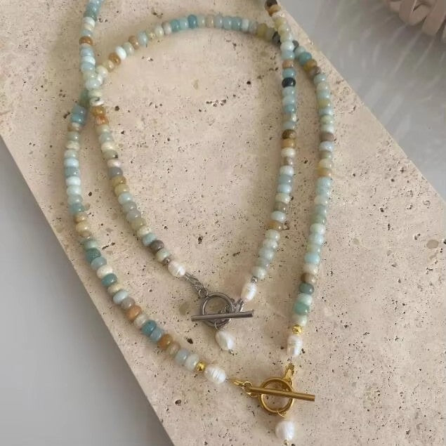 Natural Stone Necklace Beaded Choker Toggle Necklace Single Pearl Necklace