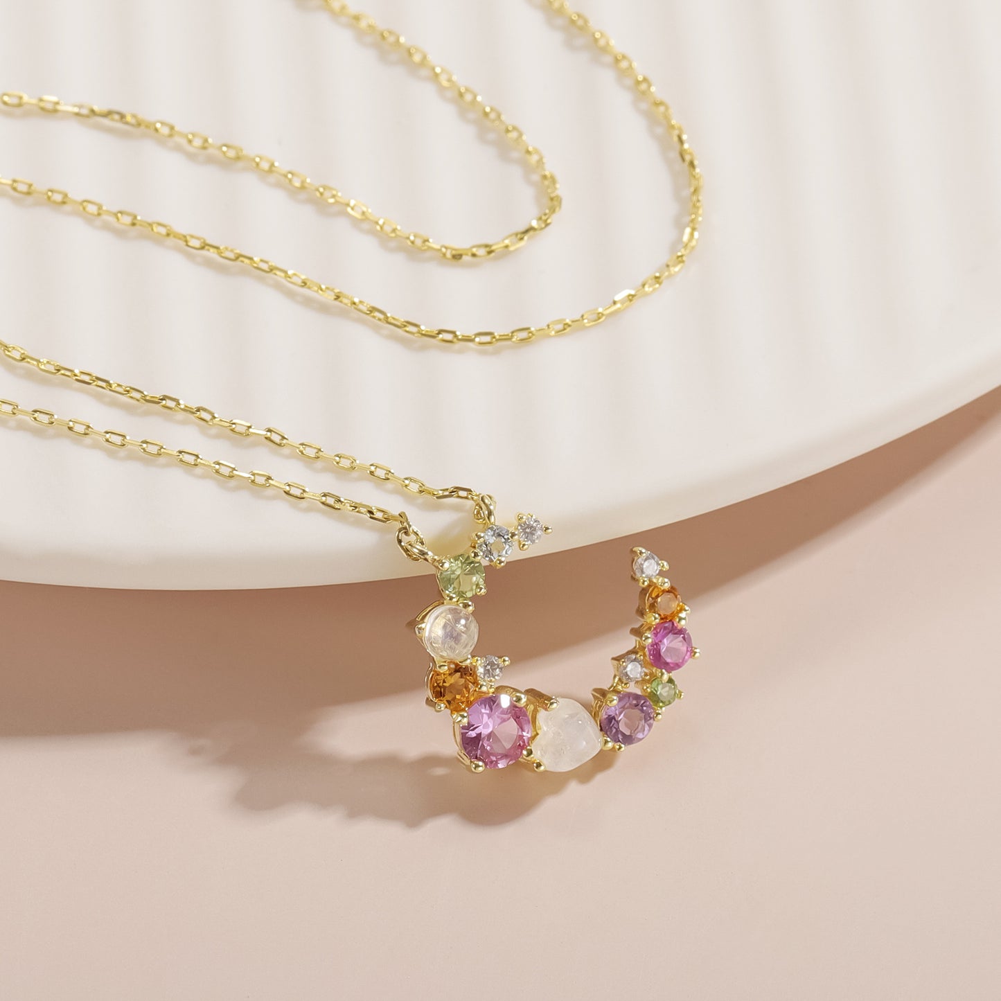 Colored Gemstone Moon Pendant 925 Silver Necklace Anniversary Christmas Gift for Her