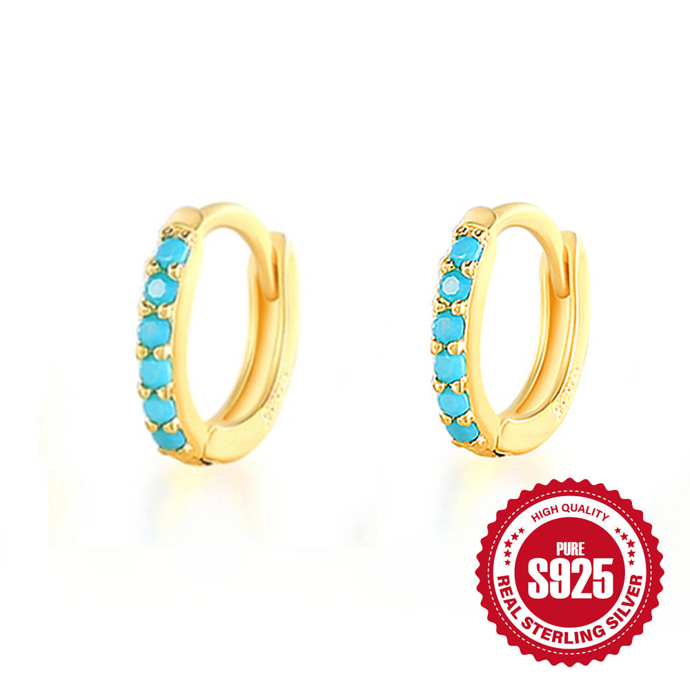 Handmade Custom 1 Pair Dainty 18kt Gold Plated Round Turquoise Huggie Hoop Earrings Minimal Fashion Boutique Brands