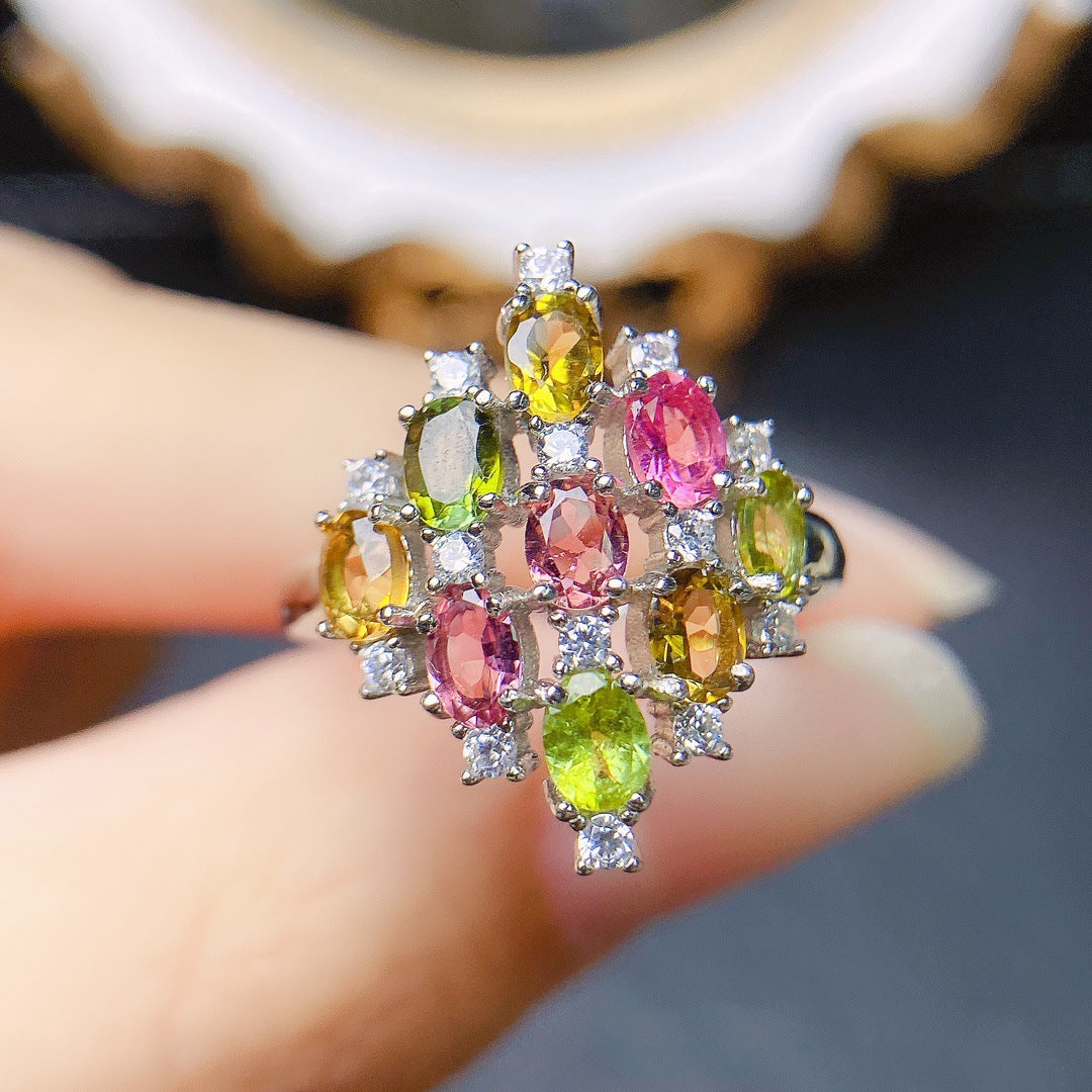 Natural Multi Tourmaline Ring 925 Sterling Silver October Birthstone Statement Ring