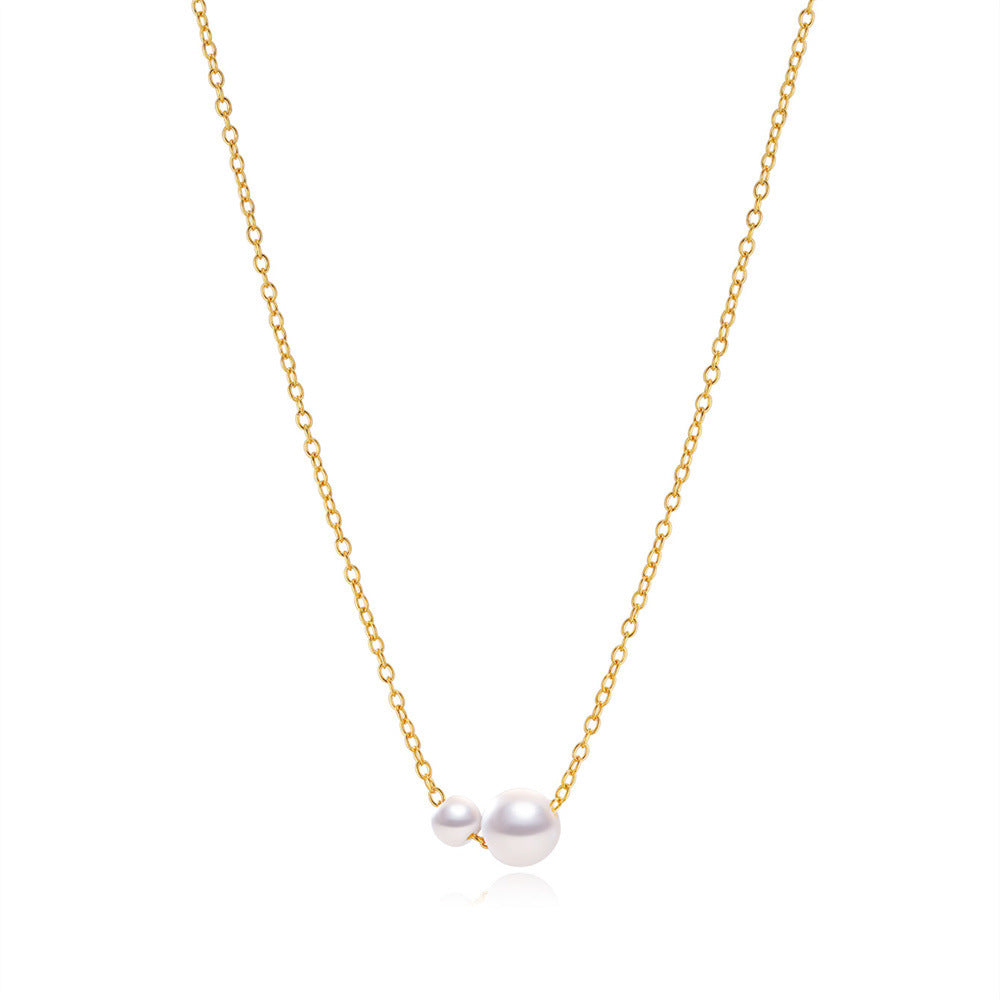 Dainty Two-Pearl Necklace, 925 Silver Minimalist Pearl Necklace Bridal Necklace Gift for Her