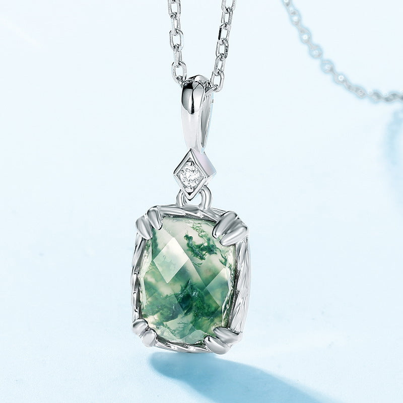 Cushion Cut Green Moss Agate Pendant Necklace - Minimalist Solitaire in 925 Sterling Silver