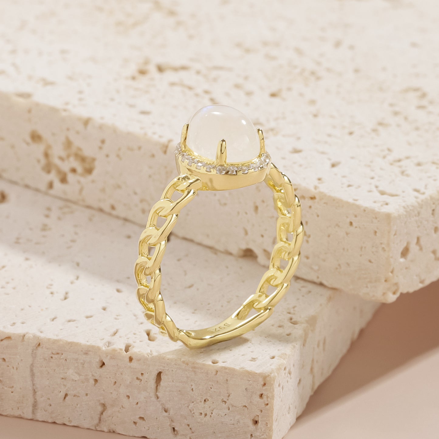 Oval Natural Cream Blue Moonstone Rings Halo Hollow Gold 925 Sterling Silver Engagement Gift