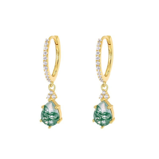 Moss Agate Gold Hoop Earrings, Pear Moss Agate Vintage Earrings, Anniversary Birthday Gifts for Her