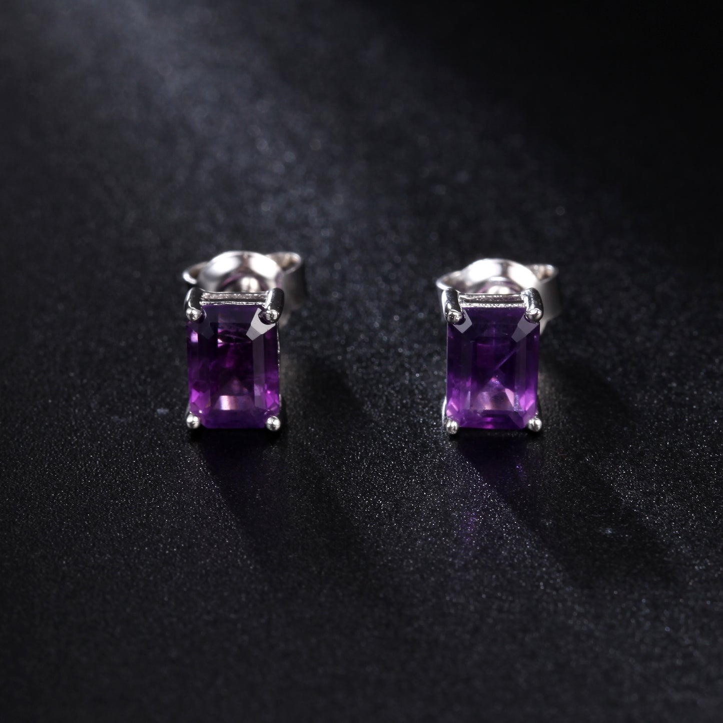 Natural Amethyst Emerald Cut Stud Earrings 925 Silver Set with Natural Gemstones