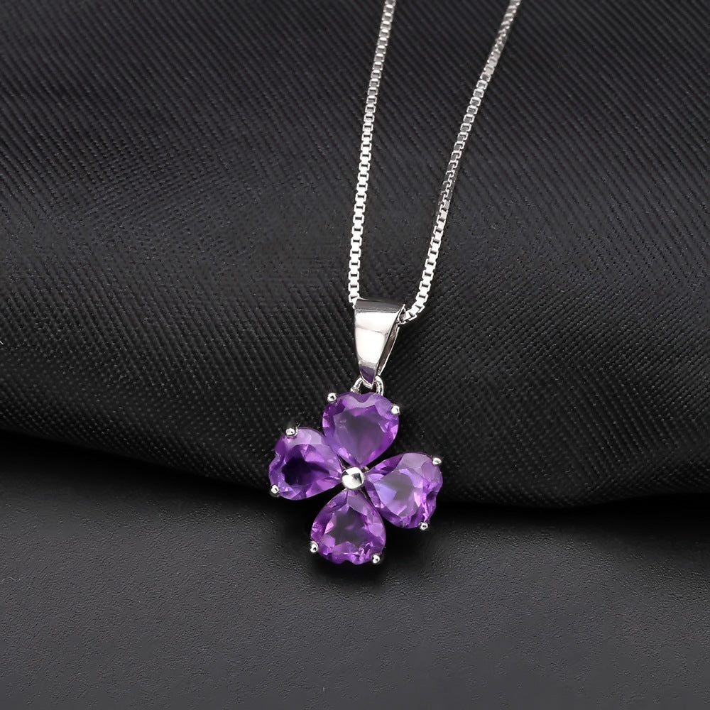 Natural Amethyst Topaz Heart Clover Necklace Pendant 925 Silver Gift for Her