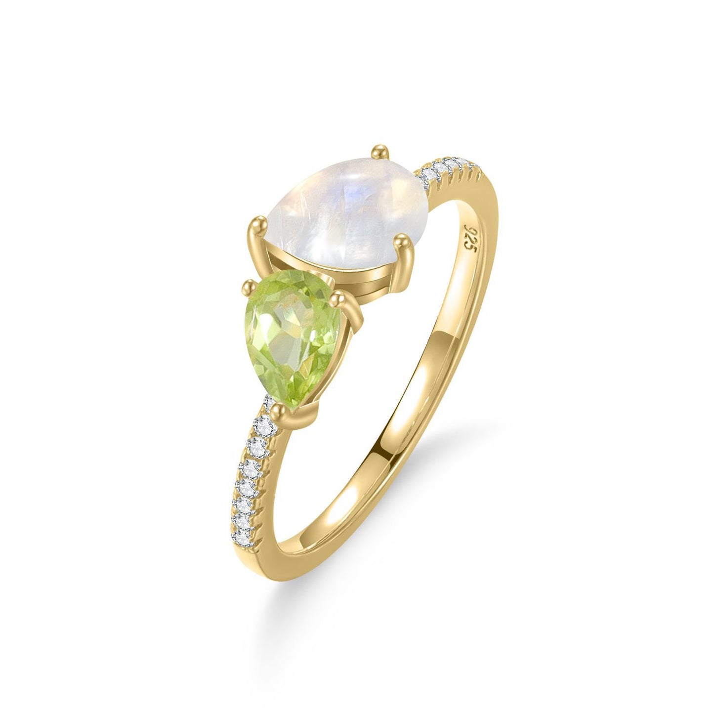 Pear Natural Moonstone Peridot Toi Et Moi Ring 925 Sterling Silver Gift for Her