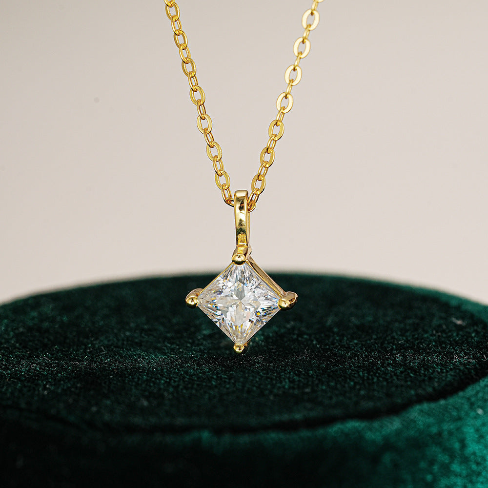 Princess Cut Mossanite Necklace, Solid Gold Diamond Solitaire Pendant, Shining Gemstone Necklace, Dainty Moissanite Pendent