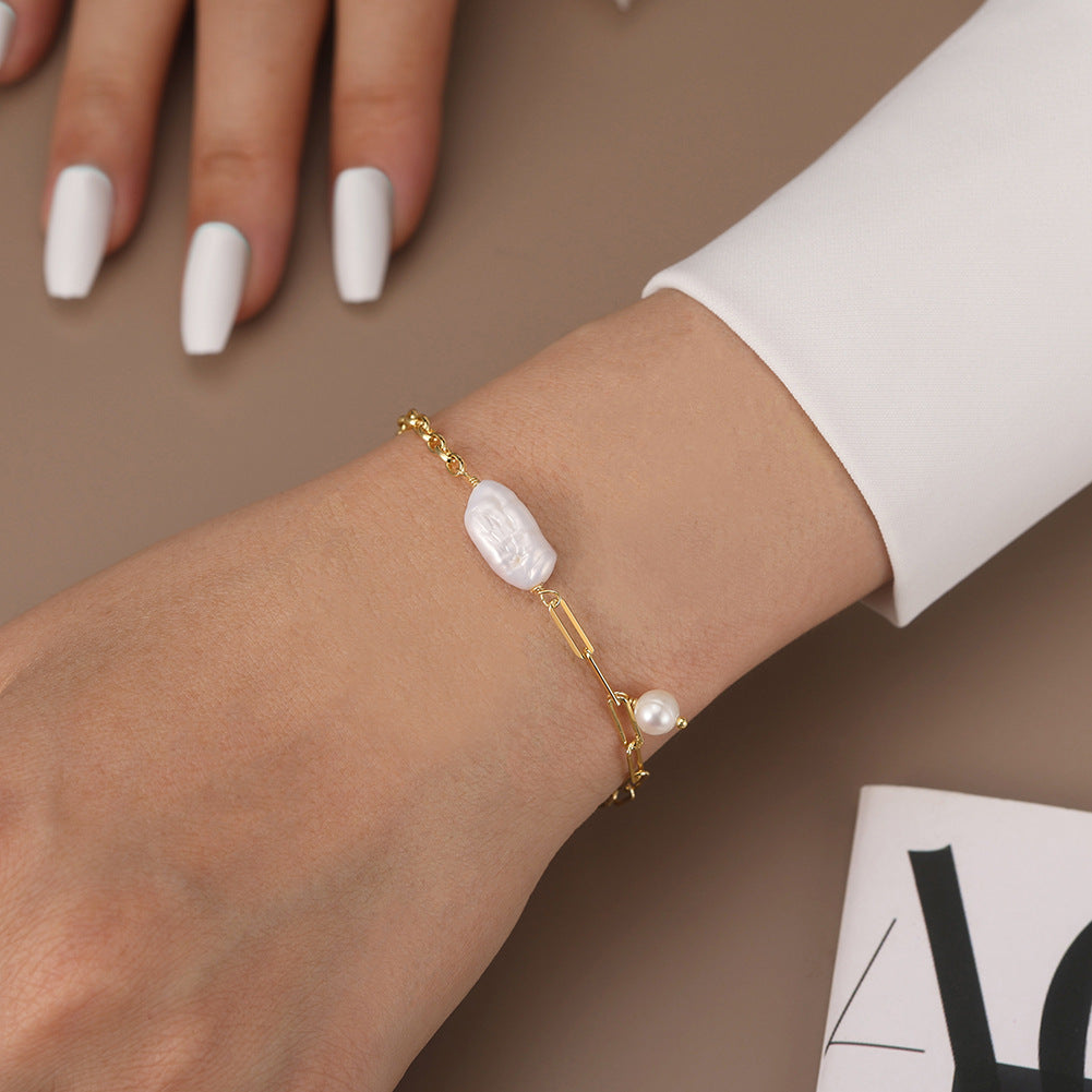 French Baroque Pearl OT Buckle Splicing 925 Sterling Silver Bracelet