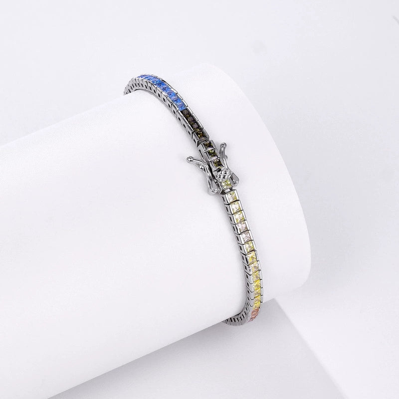 925 Silver Bracelet Tennis Chain Rainbow Square CZ