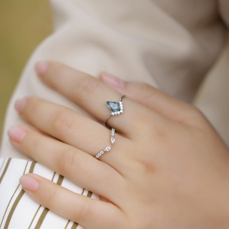 Vintage Kite Cut Green Moss Agate Engagement Ring Set Women Unique Bridal Wedding Ring Set Gift