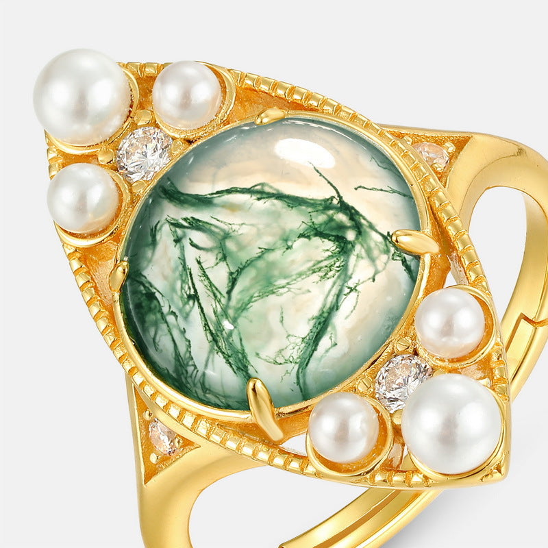 Green Moss Agate Pearl Ring 10K Gold Plated 925 Sterling Silver Wedding Bridal Promise Women Gift