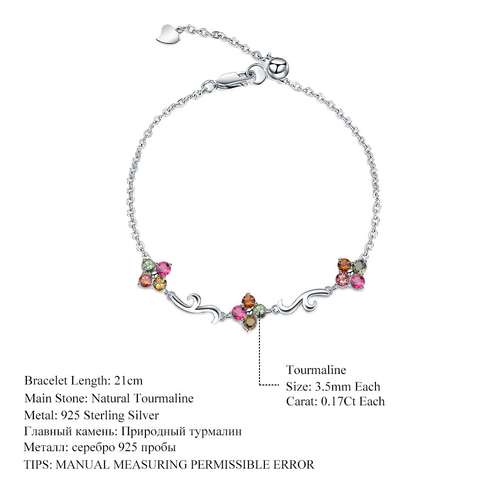Natural Tourmaline Clover Bracelet 925 Silver Inlaid Natural Color Treasure Bracelet Gift for Her