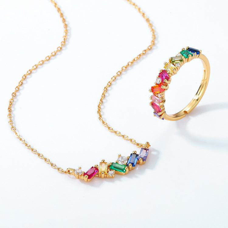 Dainty Rainbow Baguette Multicolor Engagement Ring Zircon 925 Silver